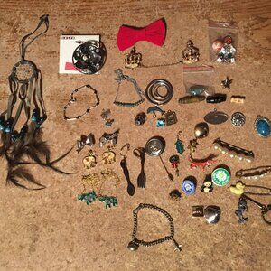 LOT OF JEWELRY PINS EARRINGS BONGO RING ELEPHANT DOG PANDA BEAR GIRL SCOUTS JADE